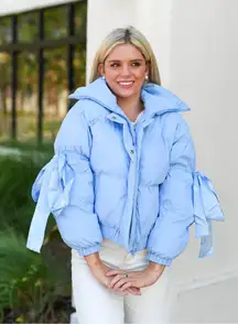 FancyD Boutique Satin Bow Puffer Jacket in Baby Blue