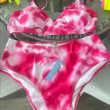Pink tie dye bikini set size Large NWT swimwear v bottoms