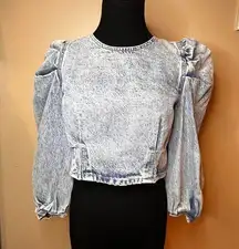 Zara Denim Cropped Top Women SZ M Cowgirlcore Puff Sleeves Back Zip Festival