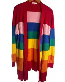 Honey Punch Bright Colorblock Striped Rainbow Open Front Cardigan Sz Large