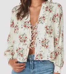 Flynn Skye‎ Get Away Lace Up Front Blouse Day Desire White Red Floral Size US XS