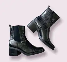 Bleecker & Bond Croc Platform Boots Leather Square Toe Block Heel Black Size 11