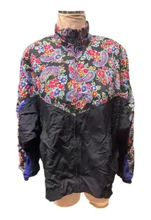Vintage 80s/90s Lizsport Black and Multicolor Floral Print Windbreaker Jacket