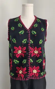 Vintage 90s Crystal Kobe Black Red Poinsettia Knit Sweater Vest Christmas M