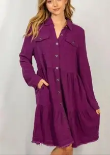 NWT White Birch Frayed Hem Button Front linen blend Tunic Dress Purple Small