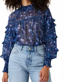 French Connection Anifrida Arica Ruffle Pleat-Sleeve Top Mock Neck Floral Sheer