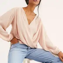 Free People Check On It Pink Nectar Crinkle Wrap Long Sleeve Blouse Size Medium