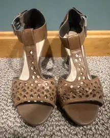 Franco Sarto Brown Leather T Strap Heels, Size 6