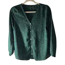West Kei Green Long Sleeve Button Down‎ Speckled Flowy Blouse Size Small
