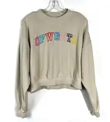 Multicolored Embroidered Cropped Beige Tan Crewneck Sweatshirt Medium