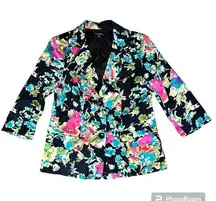 Notations Petite Women's Medium Black Floral Print Two Button Blazer Jacket Coat