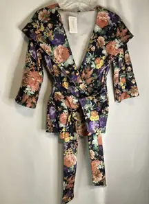 Coquette Cardigan S Hooded Open Front Belted Navy Floral Victorian Bloomcore NEW