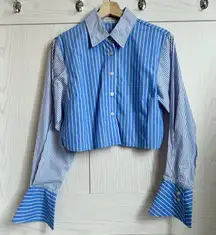 FAITHFULL THE BRAND Blue White Stripe Cropped Button Preppy Shirt Womens Size S