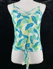 Poof NY Medium Tank Top Tie Front Foliage Blue Green Yellow White NEW Womens