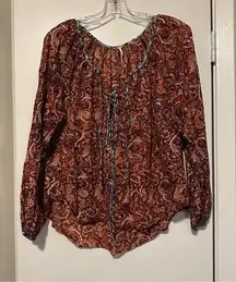 Free People Burnt Orange Paisley Pleated Boho Front Tie Blouse size S