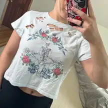 Electric Pink: Distressed Cropped Skeleton Tee