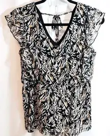 AUW Multicolor Black Brown White Abstract Print Ruffle Flutter V-Neck Blouse Top