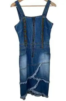 Denim Tank Dress Lace Up Fringe Womens Size 8 Cotton 90's Runs Small