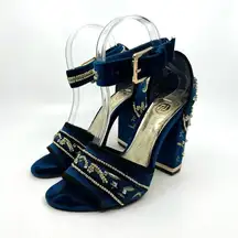 River Island Blue Velvet Embellished Block Heel Sandals Women's 7 US