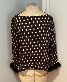 Zara Geometric Black and White Women's Top with Feather Trim Size Small