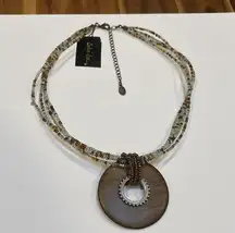 NWT Cookie Lee $28 Glass Beaded With Brown Wood Circle Pendant Necklace