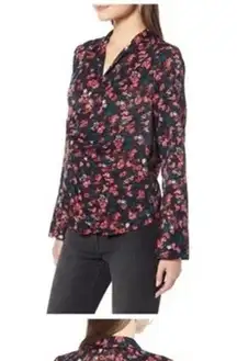SOMETHING NAVY Floral Multicolor Rosebud‎ Draped Wrap Front Blouse M
