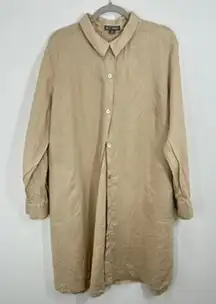 GO Silk Woman 100% Linen Button Down Shirt Dress 1X Beige Long Sleeve Pockets