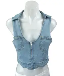 Women's Zipper Collar Sleeveless Patch Pockets Denim Jean Crop Vest Tank Top M