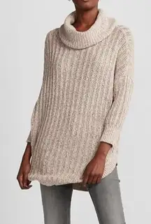 Express | Y2K Extreme Circle Hem Cowl Neck Ribbed Knit Cozy Sweater, Blush Beige