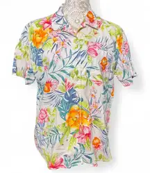 Liz Claiborne Hawaiian T Shirt Floral Tropical Vacation Button Up Size Large
