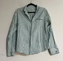 Petite Plume Twill Stripe Long Sleeve Pajama Shirt in Emerald Ticking Size Large