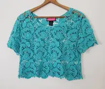 Say What Aqua Blue Crop Crocheted Top Floral Size Medium