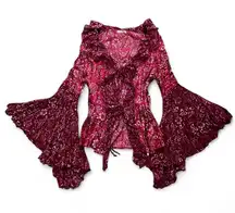 Y2K Red Floral Asymmetrical Bell Sleeve Top Women's Size Large Whimsigoth Witchy