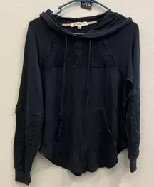 Rewind pull over crochet sleeve hooded sweater Small boho whimsigoth 740