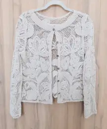 Womens Lace Crochet Cardigan Sz S Cream Floral Cottage Boho Shabby Chic Coquette