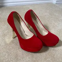 Women’s Red Suede High Heels with Gold Heels Size 7