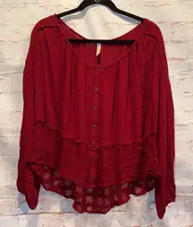 Free People Rainy Days Swing Flowy Boho Top blouse burgundy gauze med oversized