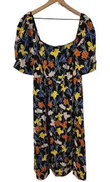 ELOQUII Elements SQUARE NECK Floral Size 18 MIDI Dress FIT &‎ FLARE Puff Sleeve