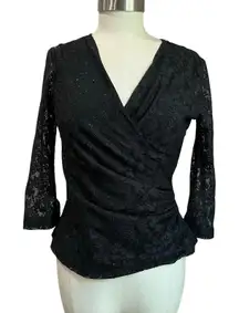 Vintage R&K Lace Ruched V Neck Sparkle Blouse Sz 8 Gothic Y2K Evening Glam