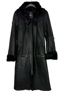 Vintage Centropel Real Shearling Long Leather Coat Fur Collar 90s Black Small