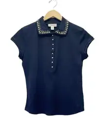 St. John  Sport Polo Shirt Navy Gold Stud Collar Button Cap Sleeve Top Size Small