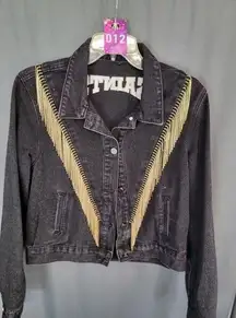 Western New Orleans Saints Jean Jacket Coat Denim Fringe Boho Embellish A12