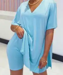 Women Short Two Piece Set Casual V Neck T Shirt Top And Shorts Set. Blue. Small