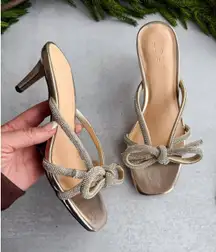 LOFT Bow Sparkle Holiday Slip On Square Toe Mule Kitten Heel Sandals Gold 8