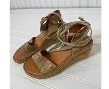 ERIC MICHAEL Womens Beige Wedge Leather Sandals Espadrille Lace up Size 37 6.5 7