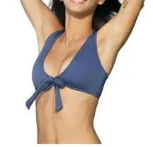 Cupshe Deep Love Solid Bikini Top Swimwear V-Neck Ribbed Tie Front Navy Blue M