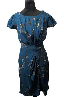 YUMI Swallow Bird Print Ruched Midi Dress Teal Blue Size US 2/4