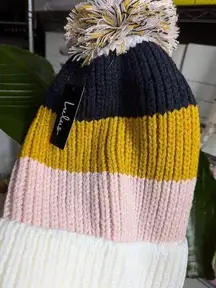 Lulu's Annalise multi color block pom pom beanie