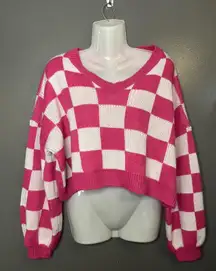 Better Be Sweater Womens Medium Pink White Checkered Cropped Balloon Sleeve