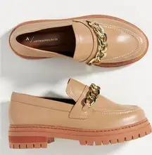 Anthropologie Lug Sole Platform Chunky Loafers in Tan w/ Gold Chain